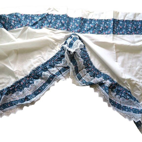 Vintage Floral Lace Curtain Valance White Blue Gathered 29"x 72" Cottage Country - Picture 3 of 13
